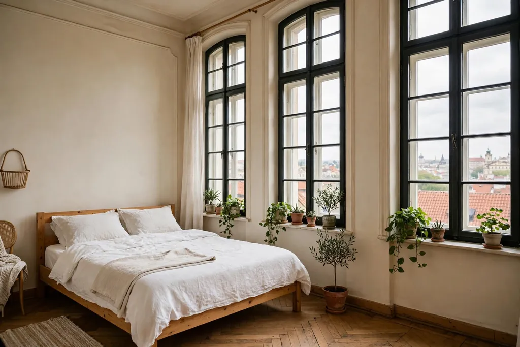 Prague apartment bedroom with tall windows, a wood bed, and plants.