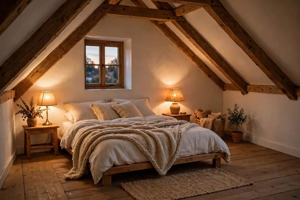 Cozy attic bedroom under the eaves with a low wood bed and warm lamps.