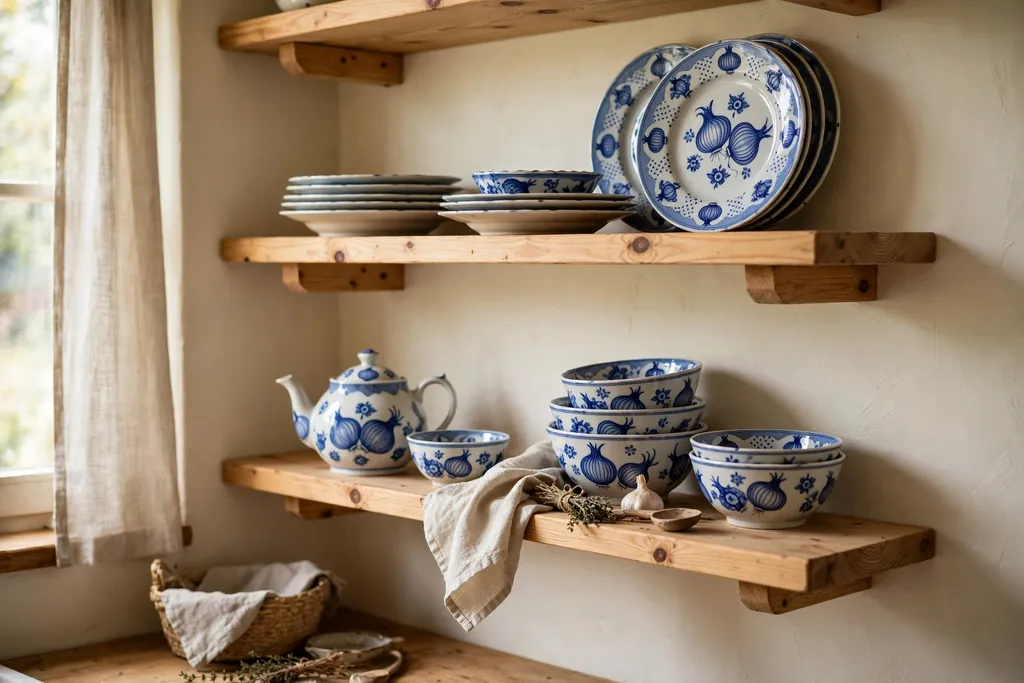 Blue onion porcelain plates and bowls on open shelves in a Czech kitchen.
