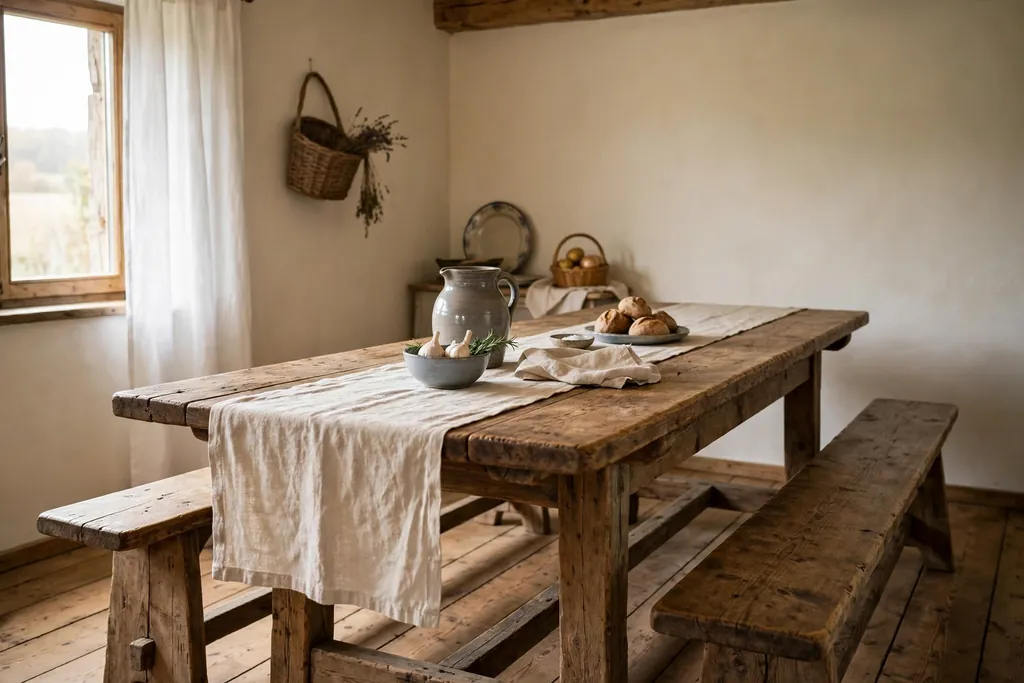 Long wooden farmhouse table with benches in a Czech dining room.