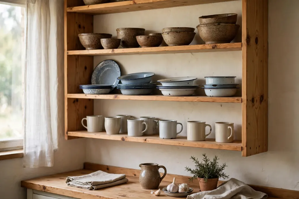 Open wood shelves with stoneware bowls and enamel dishes in a Czech kitchen.