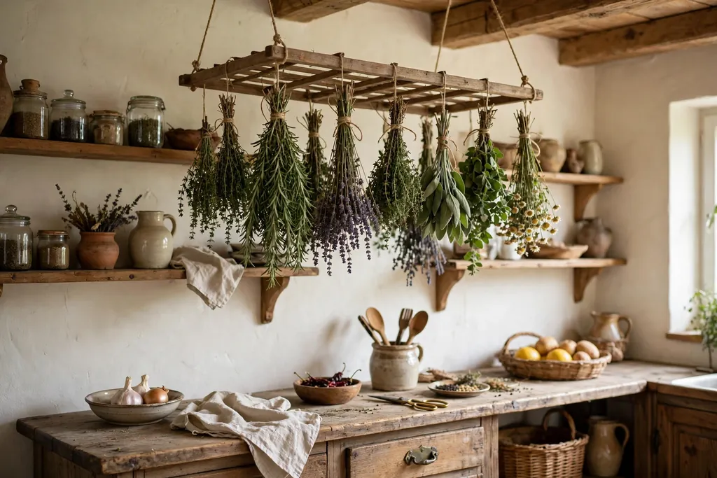 Herb drying rack with bunches of herbs above a kitchen worktop.