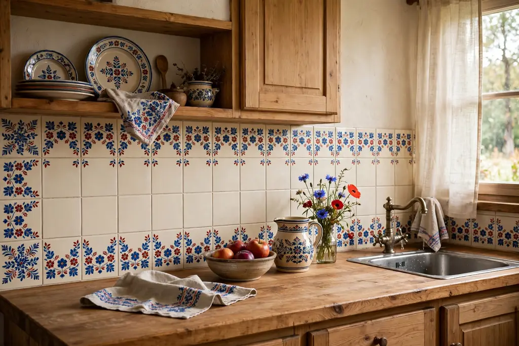 Painted tile backsplash with a folk flower border in a Czech kitchen.