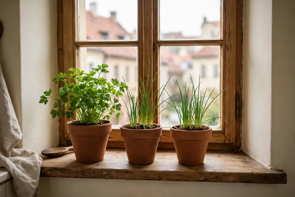 Kitchen window herb garden in clay pots on a wood sill.