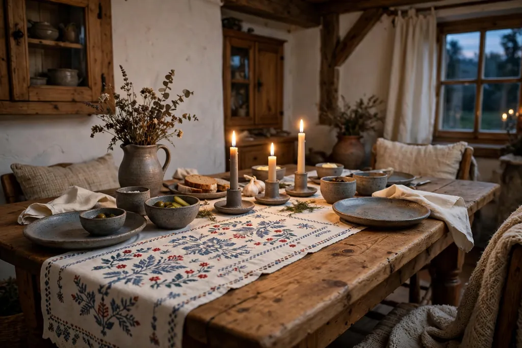 Dining table with an embroidered runner and candles in a Czech home.