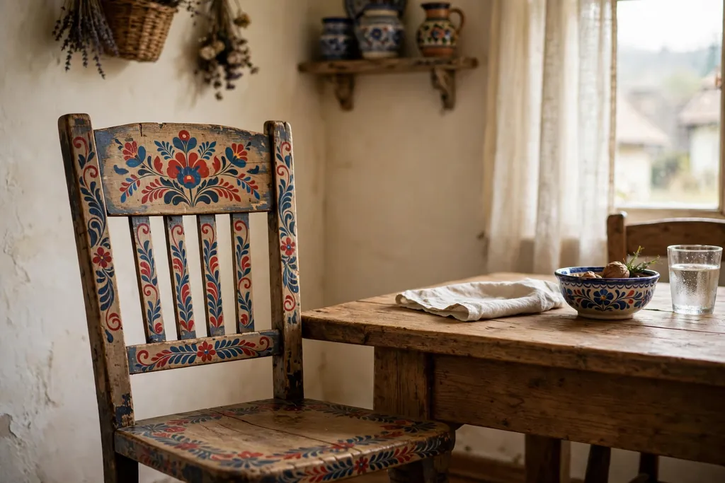 Old wooden chair painted with a folk flower motif in a Czech dining room.