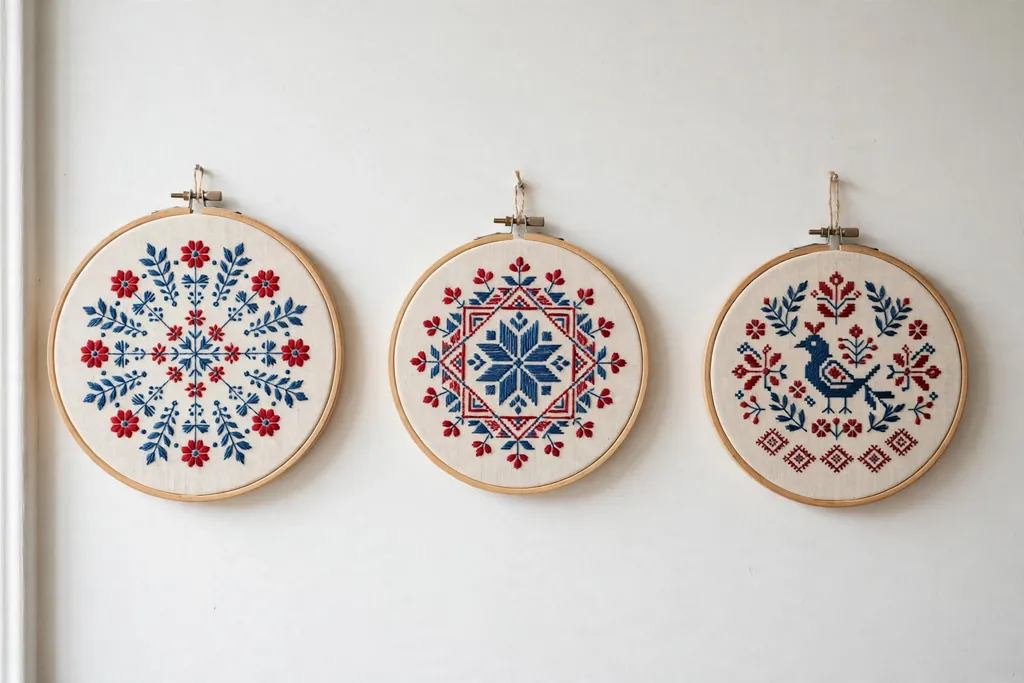Embroidered hoop art with folk motifs on a plain wall.