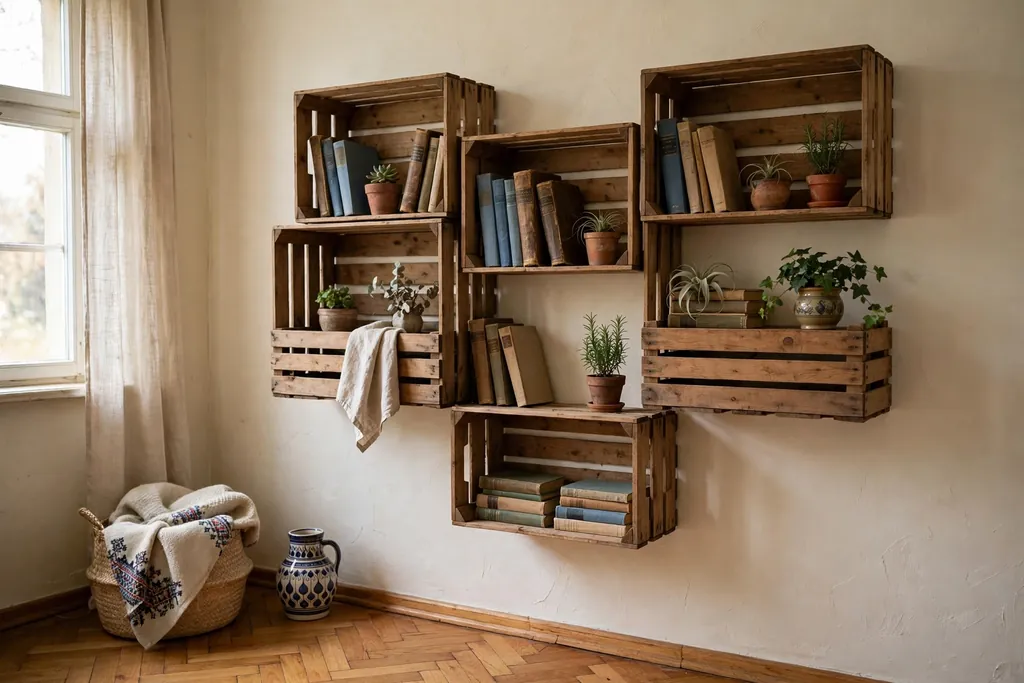 Wooden crates used as open shelves in a Czech style room.