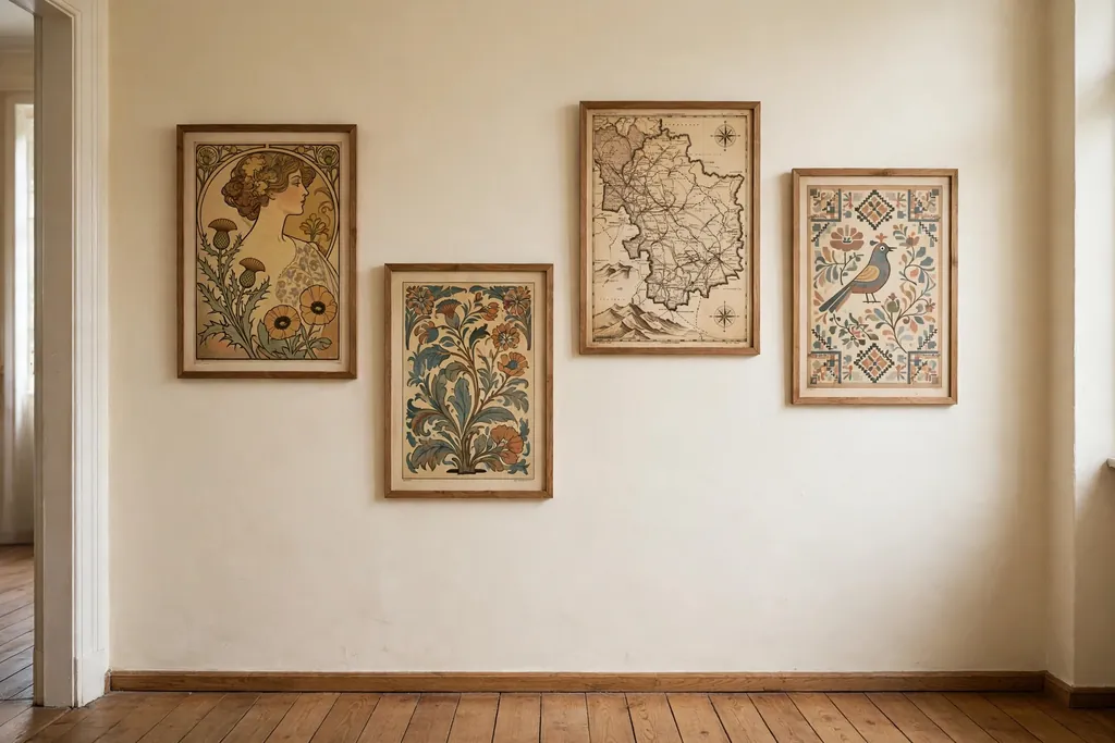 Framed Czech vintage posters and an old map on a hallway wall.
