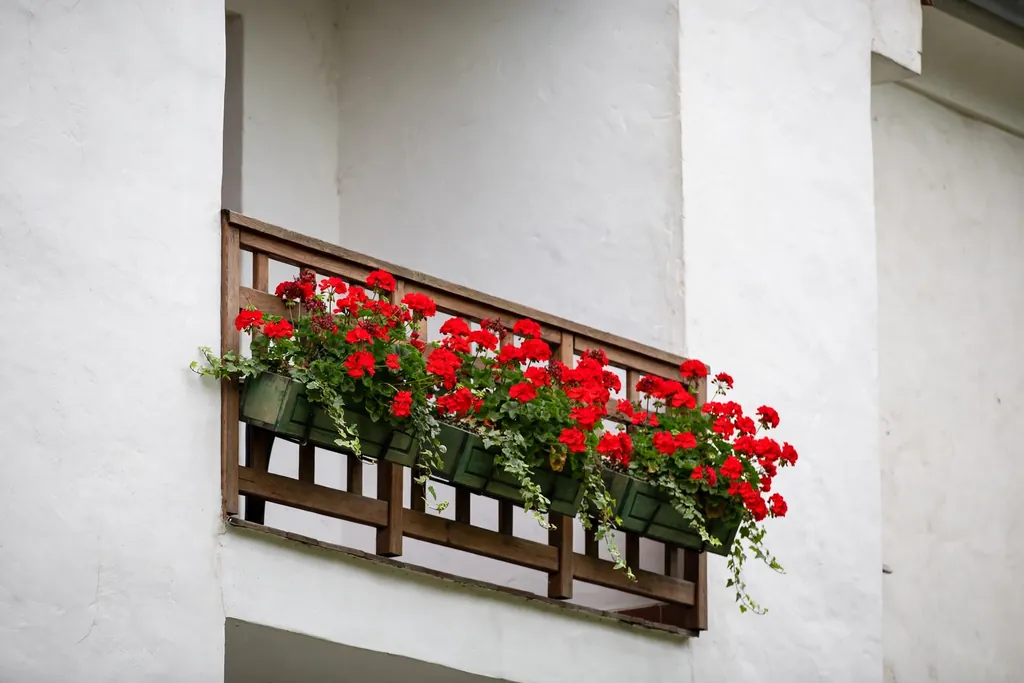 Window boxes with red geraniums on a small Czech balcony.