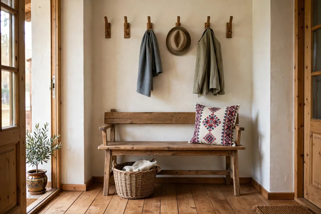 Entry nook with a wood bench, wall hooks, and a basket in a Czech home.