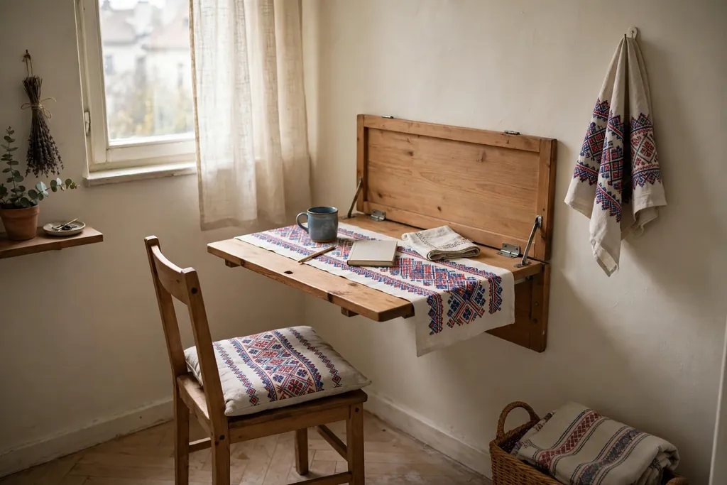 Fold down desk with folk textiles in a small Czech flat.