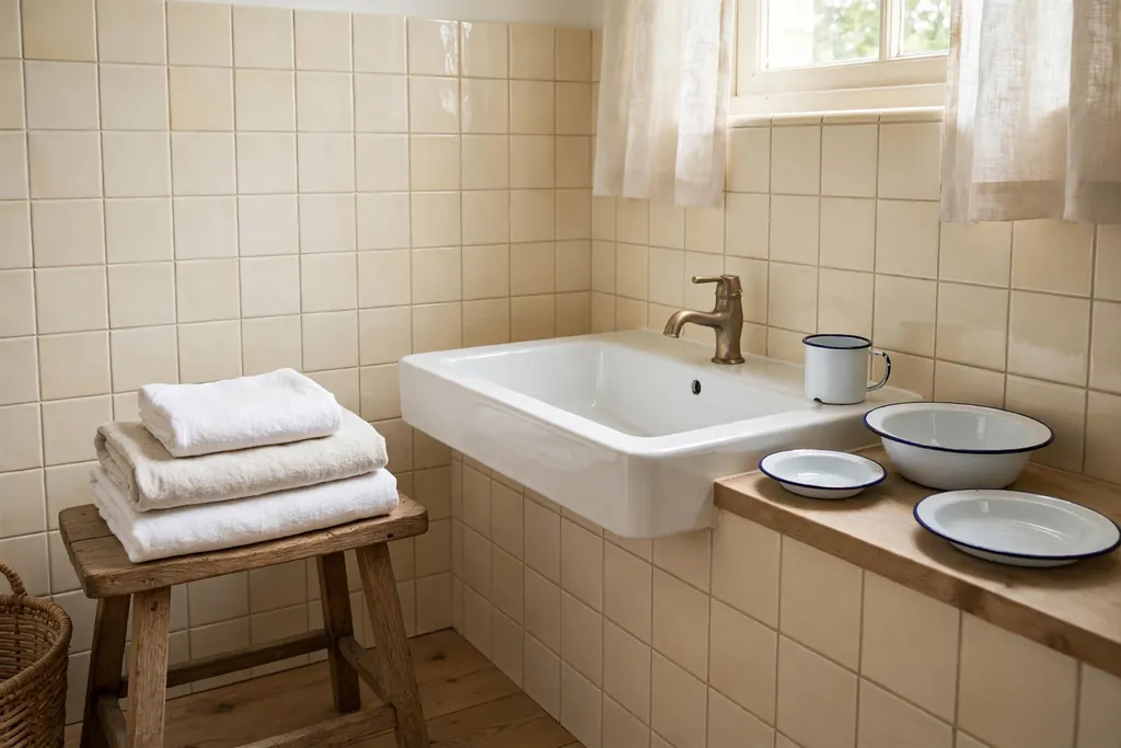 Bathroom with a wood stool, linen towels, and enamel dishes.