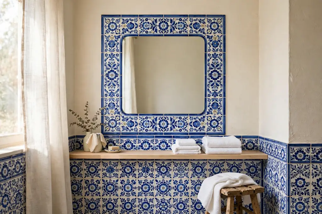 Blue and white bathroom tile with a folk flower border around a mirror.