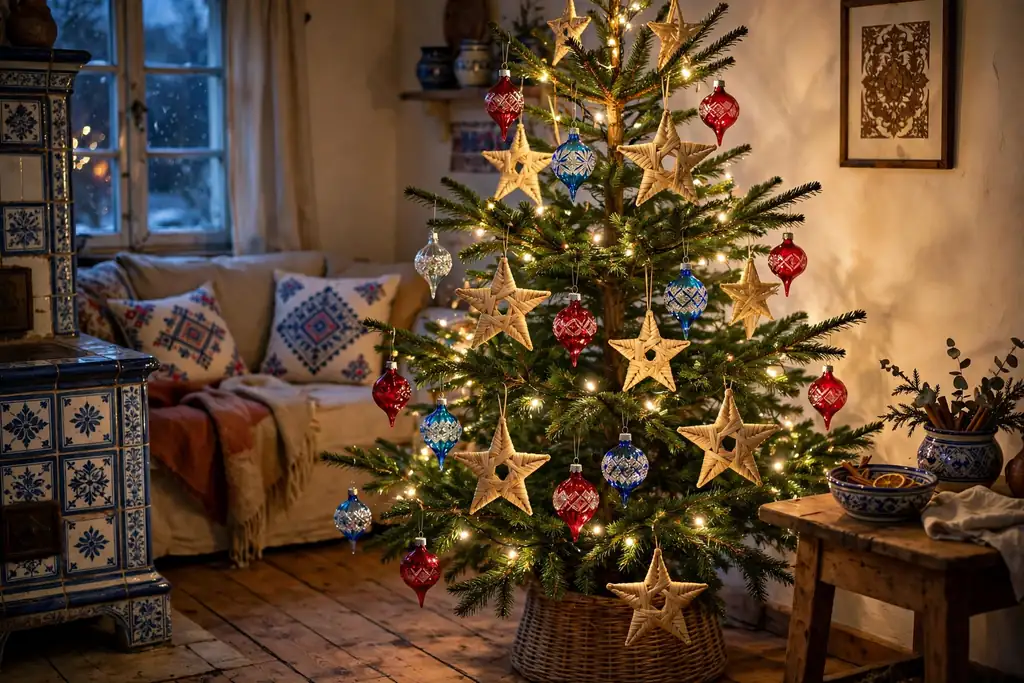 Christmas tree with Bohemian glass ornaments and straw stars in a Czech living room.