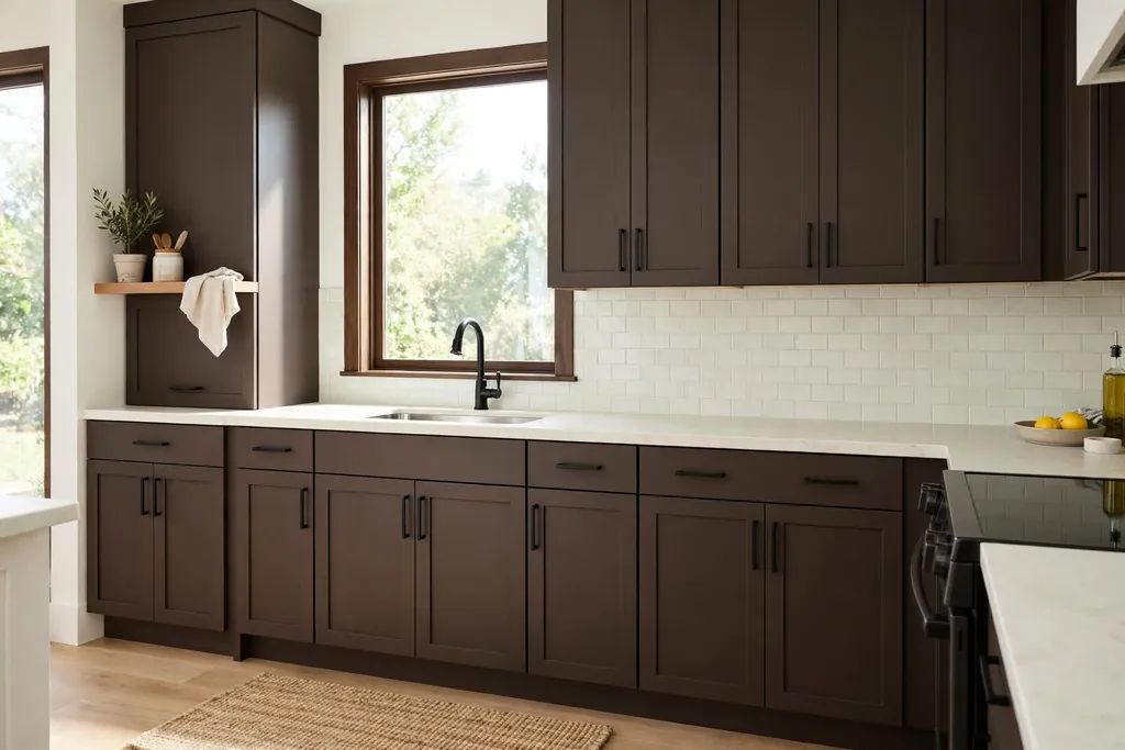 Dark brown kitchen cabinets with matte black handles and a black faucet.
