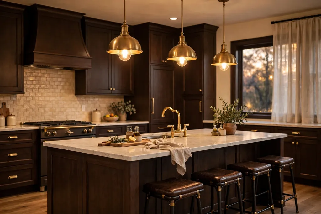 Dark brown kitchen with brass pendant lights over an island and a brass faucet.