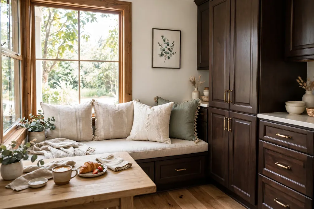 Breakfast nook bench with cushions beside dark brown kitchen cabinets.