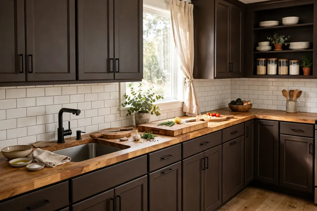 Dark brown kitchen cabinets with butcher block counters and wood boards.