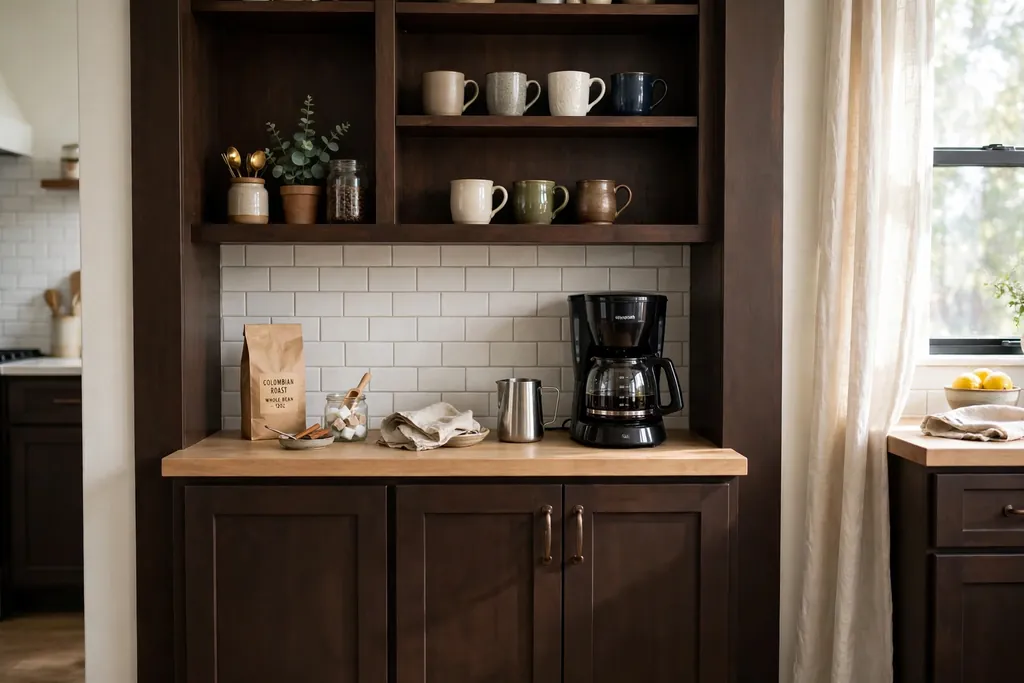 Dark brown cabinet coffee bar nook with open shelving, mugs, and a coffee maker.