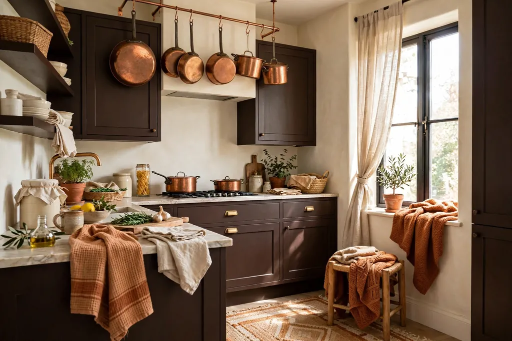 Dark brown kitchen with cream walls, copper pots, and warm textiles.