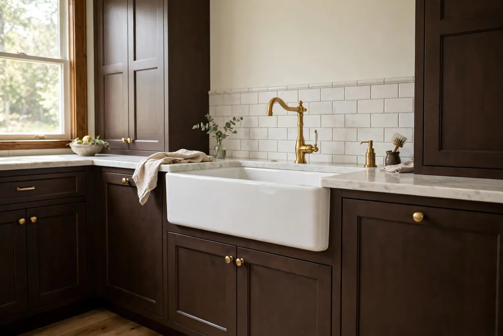 White farmhouse sink set into dark brown kitchen cabinets with a brass faucet.