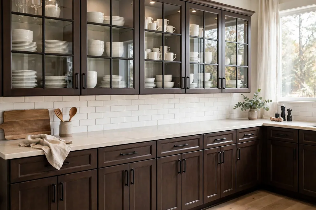 Glass-front upper cabinets showing white dishes above dark brown base cabinets.