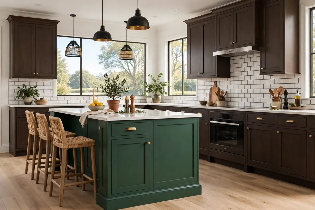 Deep green kitchen island beside dark brown perimeter cabinets.