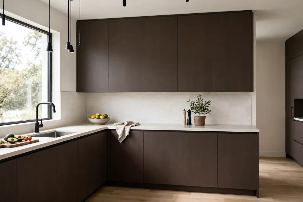 Modern flat-panel handleless dark brown kitchen cabinets with a pale worktop.