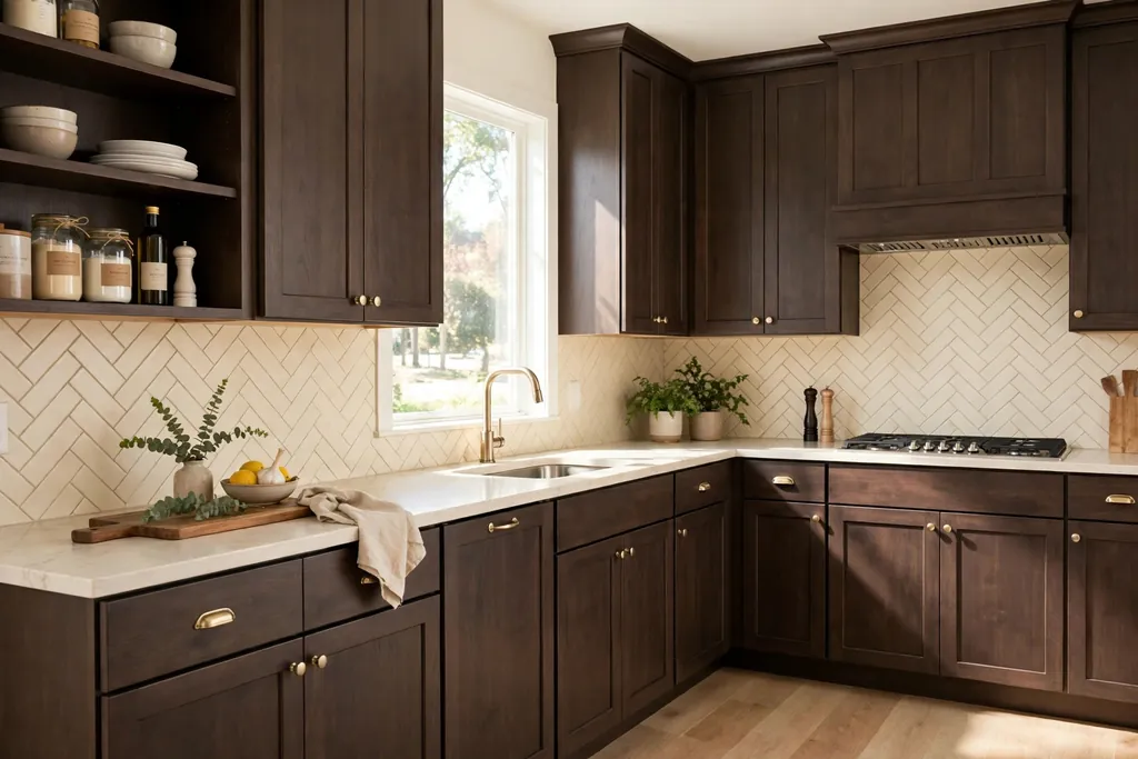 Dark brown kitchen cabinets with a cream herringbone tile backsplash.