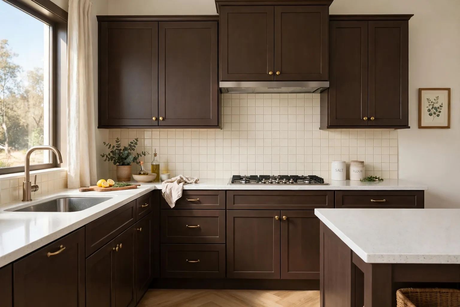 Warm kitchen with dark brown cabinets, white quartz counters, brass hardware, and daylight.