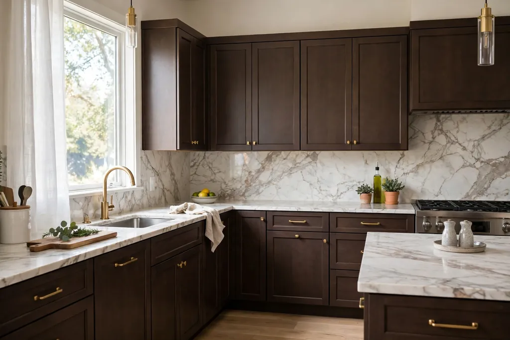 Dark brown kitchen cabinets with marble look counters and a matching backsplash.