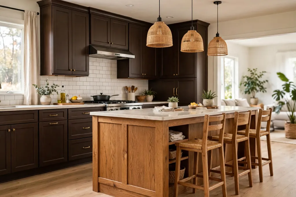 Dark brown kitchen cabinets with a warm oak island and wood stools.