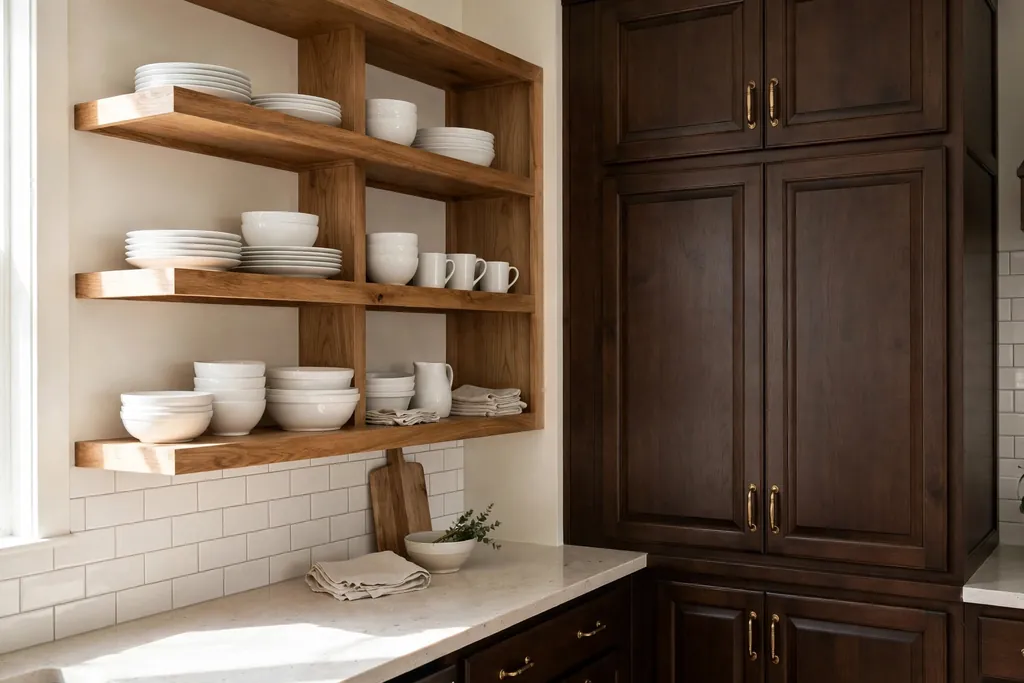 Open wood shelves holding white dishes beside dark brown kitchen cabinets.