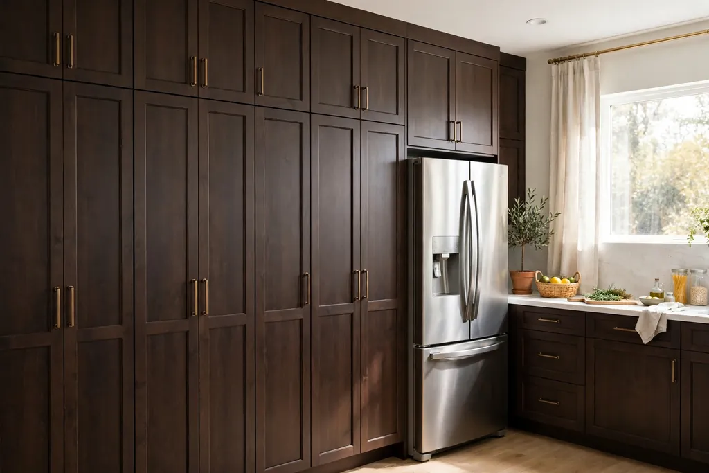 Floor-to-ceiling dark brown pantry wall with tall cabinets beside a fridge.