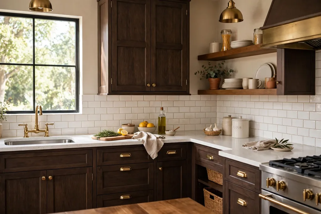 Classic shaker dark brown kitchen cabinets with brass bar pulls and a light counter.