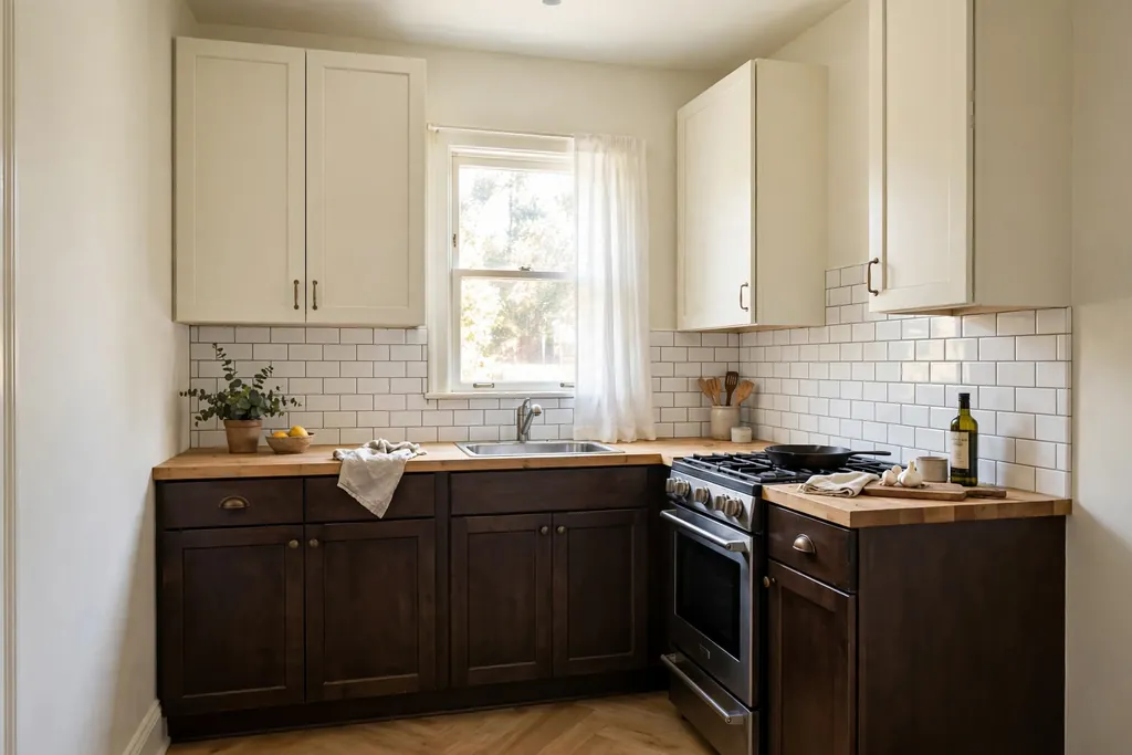Small kitchen with dark brown base cabinets, cream uppers, and light walls.