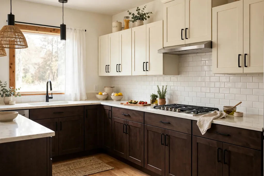Two-tone kitchen with dark brown base cabinets and cream upper cabinets.