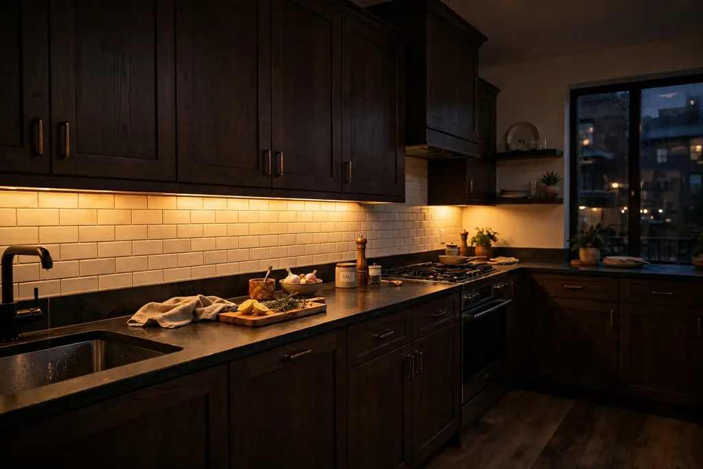 Dark brown kitchen in the evening with warm under-cabinet lighting over the counter.
