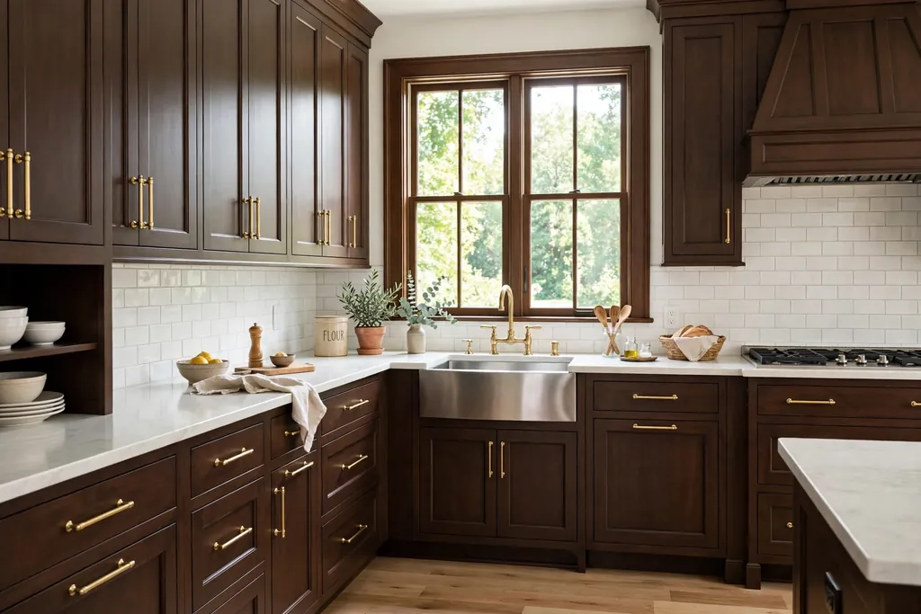 Dark brown kitchen cabinets with white quartz counters and a cream backsplash.