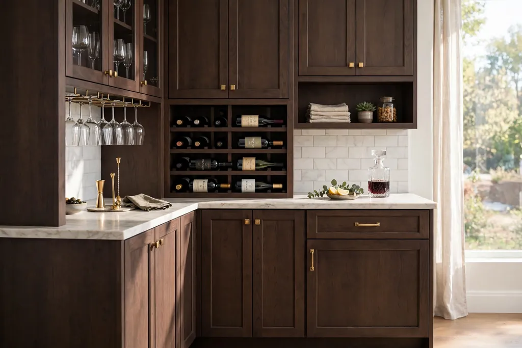 Built-in wine and bar section in dark brown cabinets with a wine rack and glasses.