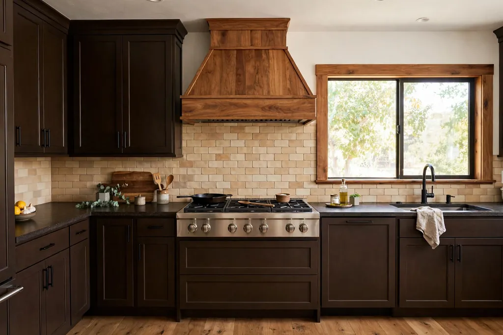 Dark brown kitchen with a warm wood range hood over the stove.