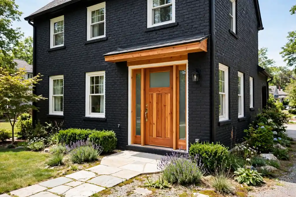 Black painted brick house with a warm cedar front door.