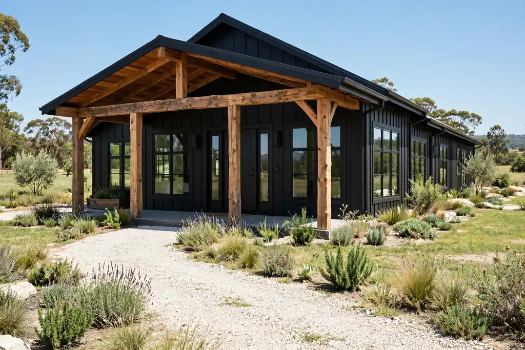 Matte black modern farmhouse with natural timber porch posts and beams.