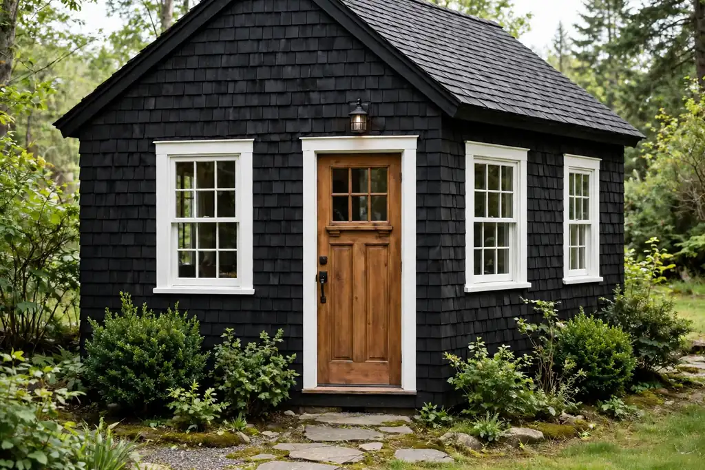 Black cedar shingle cottage with white window frames.