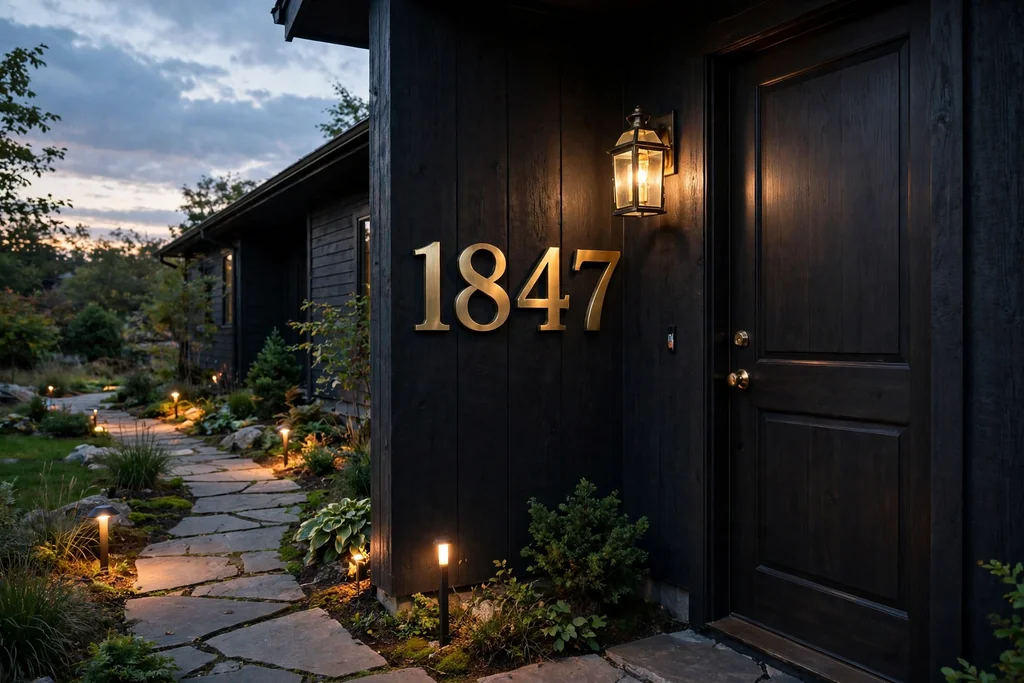 Dark house entry at dusk with brass house numbers and warm path lights.