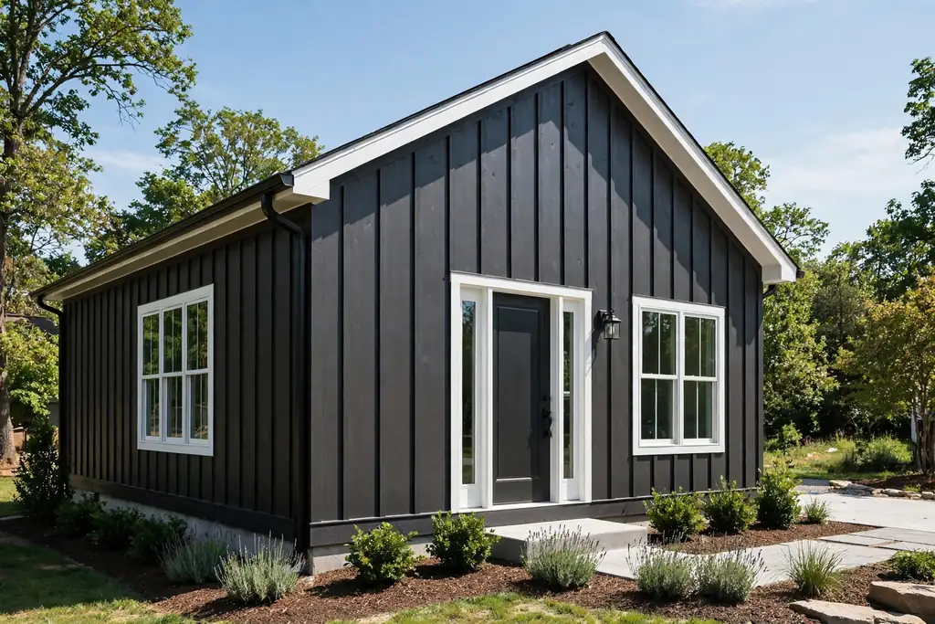 Charcoal board-and-batten house with vertical siding lines.