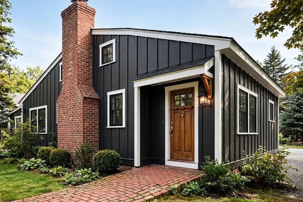 Charcoal sided house with a natural red brick chimney.