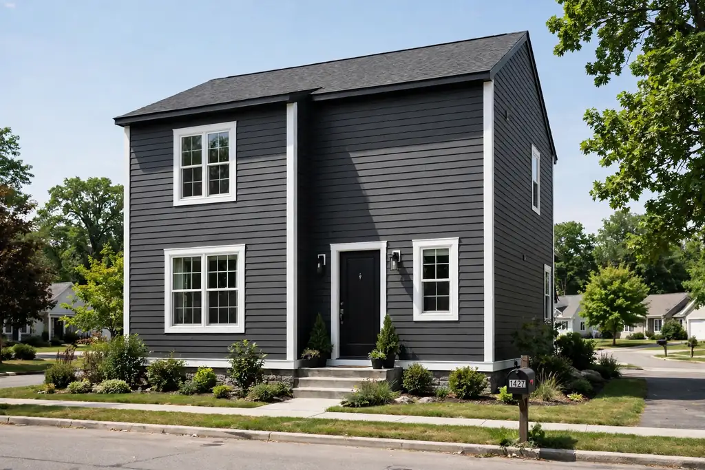 House with charcoal horizontal siding and crisp white window trim.