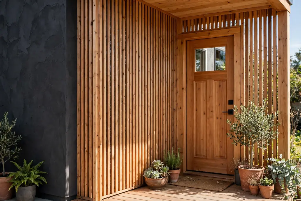 Charcoal house wall beside a warm wood slat screen.